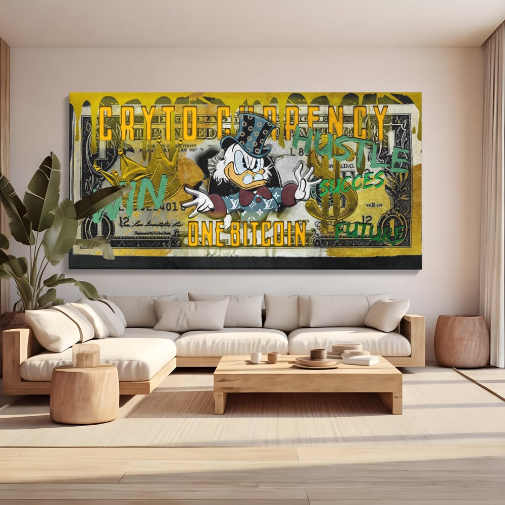 Tablou canvas cu tablou canvas cu donald duck si bitcoin, fara rama, pe sasiu de lemn, pe perete intr-un living